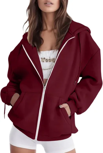 Kainawee Sudadera con capucha y cremallera para mujer, de gran tamaño, linda chaqueta Y2K, sudadera casual con cordón y bolsillo, ropa de otoño
