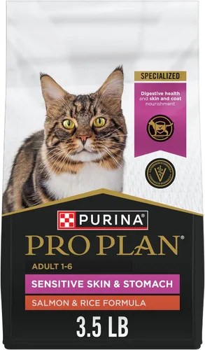 Purina Pro Plan Comida para gatos adultos para piel y estómago sensible, fórmula de salmón y arroz, 3.5 libras