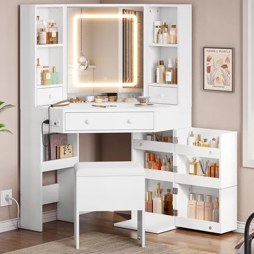 Vista 9 de BTHFST Escritorio esquinero con espejo iluminado, tocador de maquillaje con luces y estación de carga, juego de tocador con espejo y taburete