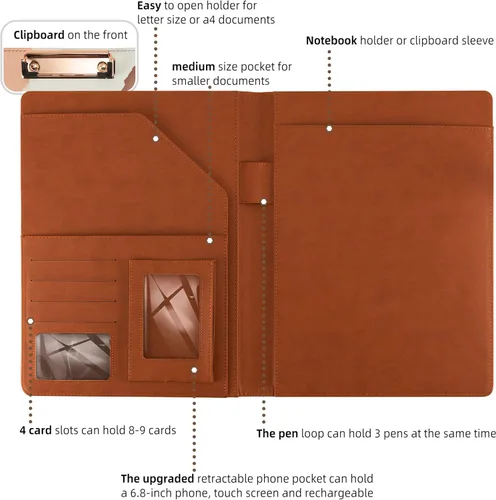 Vista 4 de Portafolio Folio Carpeta Portafolio con Bloc de Notas-Bolsillo Portatarjetas de Visita Marrón Imitación PU Cartera