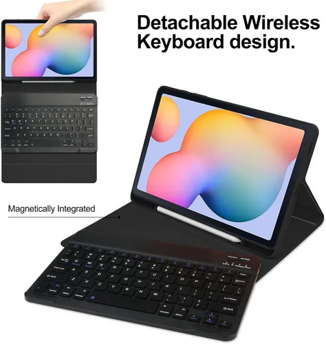 Vista 2 de Funda de teclado para Samsung Galaxy Tab S6 Lite de 10.4 pulgadas 2024/2022/2020, funda protectora Magentic con soporte para S-Pen y teclado Negro
