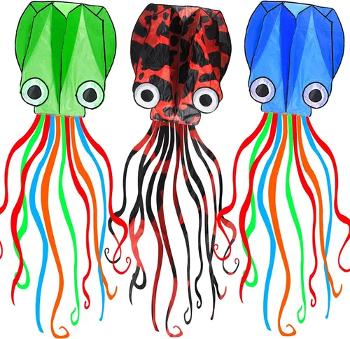 Vista 10 de Paquete de 3 cometas de pulpo – Cometas de playa 3D para personas y niños (azul, verde, rojo) – Fácil de volar, kit de cometa con cuerda de 39.9 pies