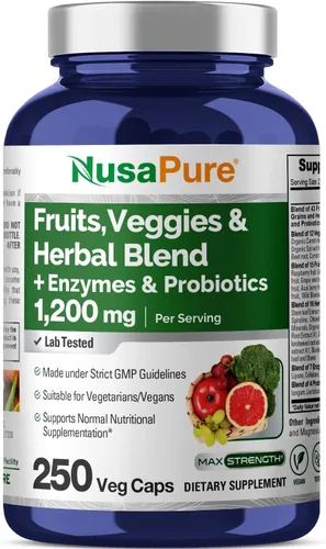 NusaPure Suplemento de frutas y verduras 1200 mg 250 cápsulas - 43 frutas y verduras, 11 enzimas, probióticos (veganos/vegetarianos, sin OMG)