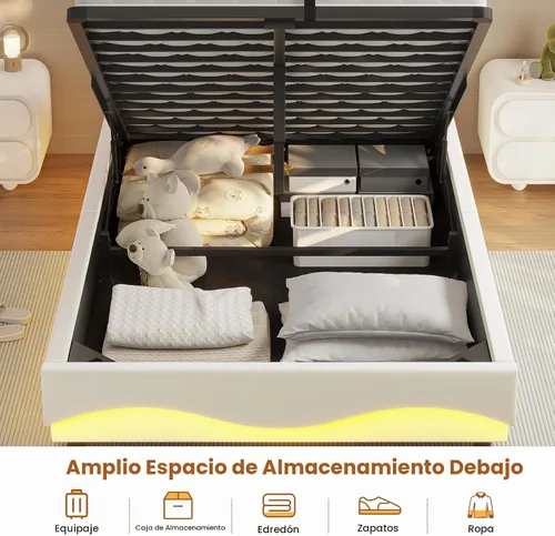 Vista 5 de ADORNEVE Bastidor de cama individual con almacenamiento abatible y luces LED, cabecera con almacenamiento oculto y estación de carga, cama tapizada