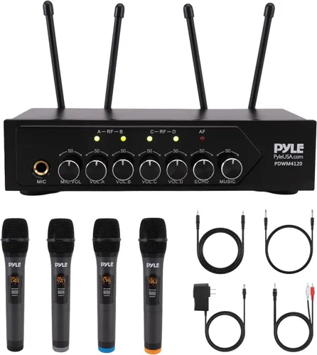 Pyle Micrófonos inalámbricos, micrófonos duales UHF profesionales para karaoke, sistema de micrófono dinámico inalámbrico con receptor recargable,