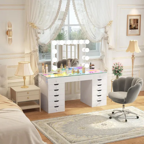 Vista 5 de VANITII Espejo de tocador con luces y 12 bombillas G95 luces de 32 x 23 pulgadas, espejo de maquillaje Hollywood grande con altavoz Bluetooth