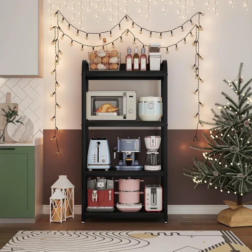Vista 5 de Soporte para microondas de 4 niveles, estantes grandes para cocinas, estante de altura ajustable, barra de café para sala de estar, color negro