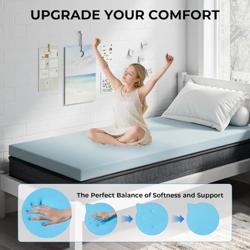 Vista 2 de OhGeni Cubrecolchón de espuma viscoelástica, funda de cama suave con base antideslizante, tamaño individual, estilo 2 pulgadas con funda