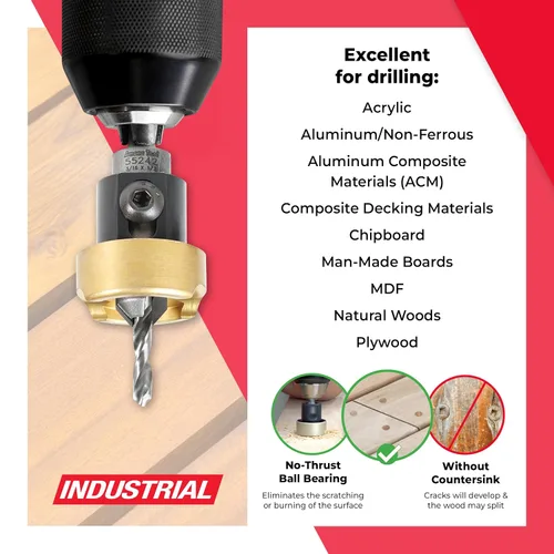 Vista 3 de Amana Tool Avellanador de 82 Grados con Broca con Tope de Profundidad y Rodamiento de Bolas Sin Empuje, 55242, 1/2 D x 3/16 Diámetro de Broca x