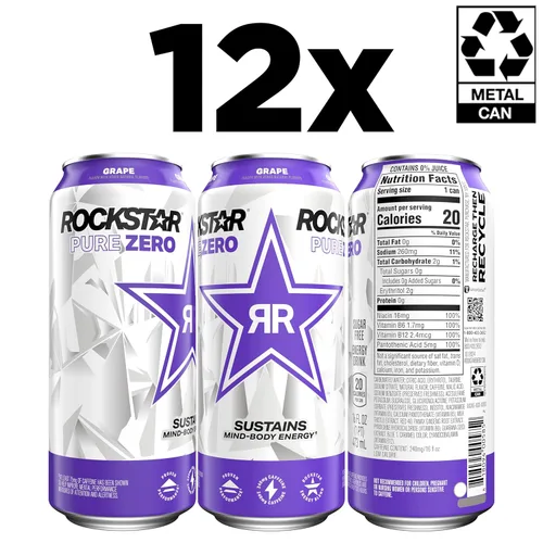 Vista 3 de Rockstar Pure Zero - Bebida energética, sabor a uva, 0 azúcar, con cafeína y taurina, paquete de 12 latas de 16 onzas (el embalaje puede variar)