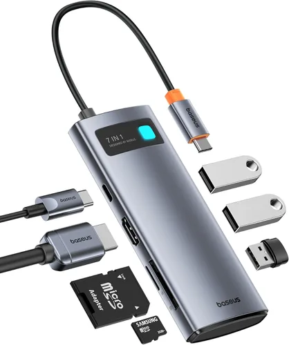 Baseus Adaptador USB C a HDMI, estación de acoplamiento USB C 4K a 60Hz, concentrador USB C 7 en 1 con 3 USB-A, PD 100W, lector de tarjetas TF/SD,