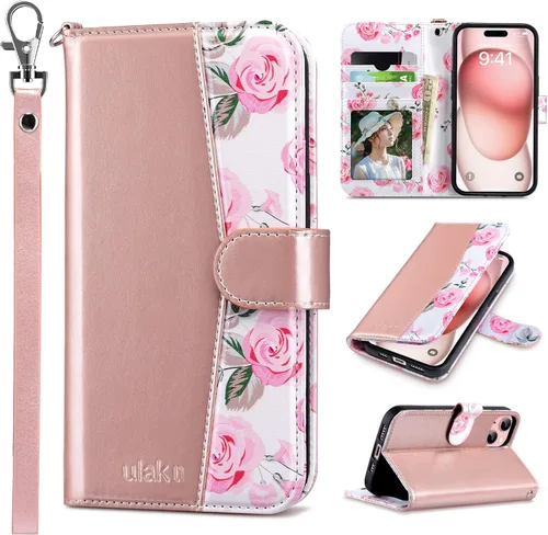 Vista 43 de ULAK Funda compatible con iPhone 15 tipo cartera para mujer, funda tipo cartera de piel PU premium con función de soporte, función de tarjetero