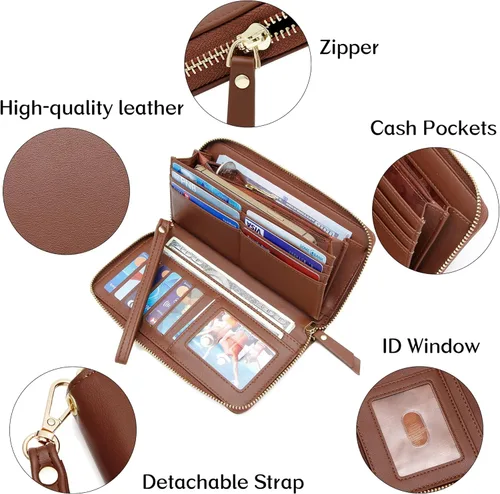 Vista 6 de Badiya Billetera para mujer con bloqueo RFlD de cuero con cremallera alrededor de carteras de gran capacidad