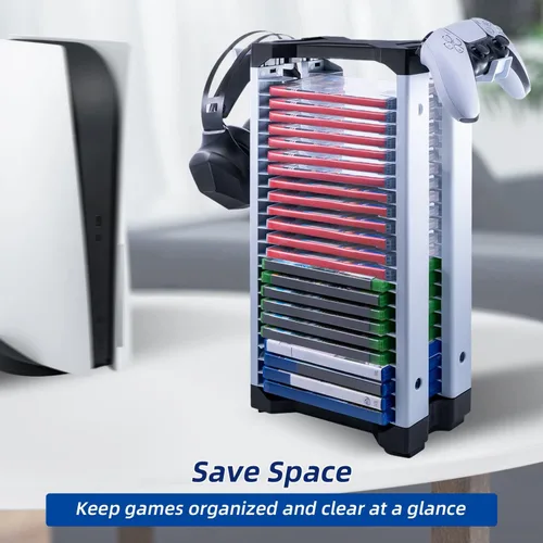 Vista 9 de Mcbazel Torre de soporte de almacenamiento de videojuegos para PS5/PS4/NS Switch/Switch2/Xbox, almacenamiento de disco de videojuegos y controlador
