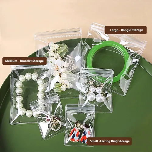 Vista 6 de Paquete de 100 bolsas de plástico transparente de PVC con cremallera antioxidación antidecoloración para embalaje de joyas, anillos, aretes, bolsa