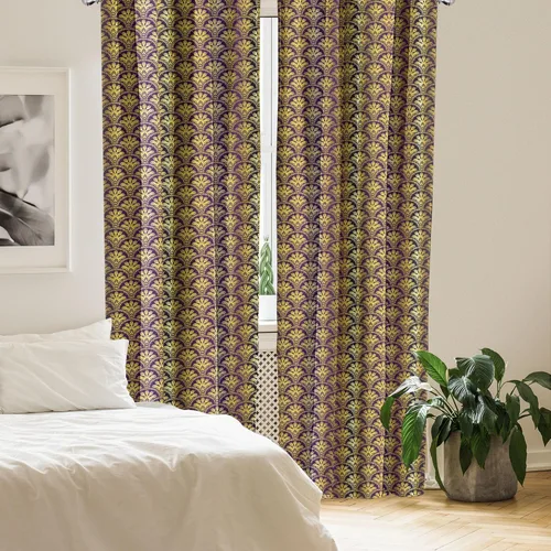 Vista 4 de Ambesonne Yellow Damask Curtains, Fish Scale Style Traditional Eastern Peacock Motif and Braid Stripes, Window Treatments 2 Panel Set for Living