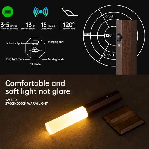 Vista 2 de 2 luces nocturnas con sensor de movimiento, luz de pared recargable vintage portátil con cuerpo magnético, aplique a pilas para pasillo, gabinete