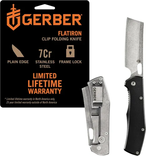 Gerber Gear Flatiron Cuchillo de Bolsillo Plegable, Cuchillo Plegable de Acero Inoxidable EDC con Hoja de Cuchilla de 3.6" y Clip de Bolsillo, Negro