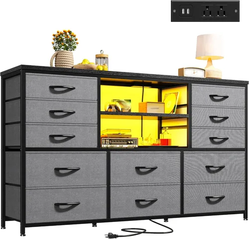 Vista 10 de EnHomee - Cómoda negra con luces LED y estación de carga, soporte de TV para televisor de 60 pulgadas, cómodas anchas y cómodas con estantes