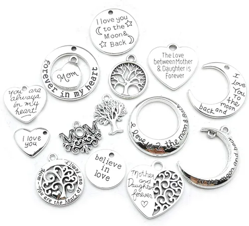 Vista 4 de Colección de dijes de palabras para mamá familiar, 32 piezas de suministros de manualidades, corazón y luna, palabras de amor, dijes para el día