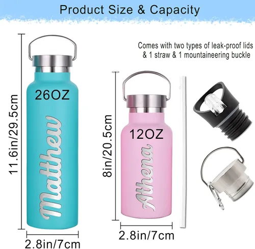 Vista 6 de Botellas de agua personalizadas con tapa de popote de 12/26 onzas con nombre grabado, logotipo, botella aislada personalizada, botellas de agua