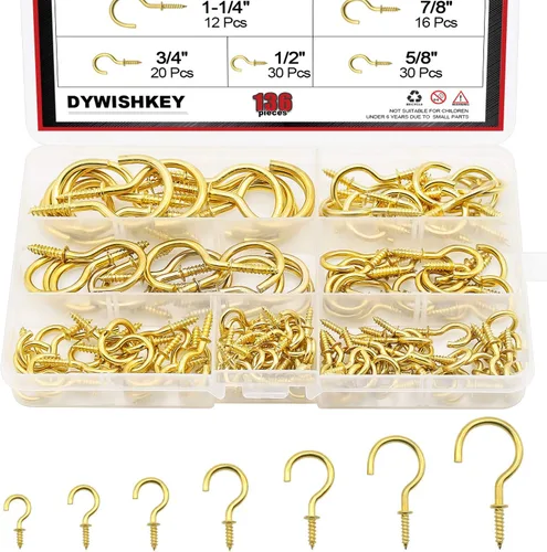 DYWISHKEY Kit de ganchos de tornillo para tazas, 136 unidades, 7 tamaños, ganchos de rosca chapados en latón para el hogar, la oficina y el lugar de