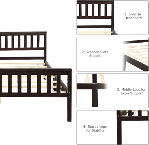Vista 6 de Giantex Base de cama de plataforma Queen, marco de cama de madera maciza de lujo con cabecero y estribo, base de colchón de soporte de listones