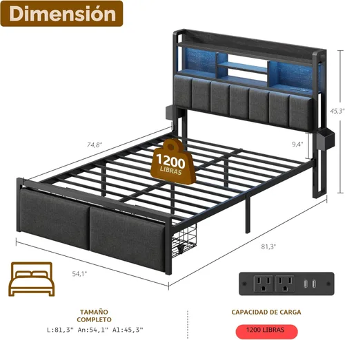 Vista 2 de Furnulem Marco de Cama Tamaño Full con Cabecera Tapizada, Marco de Cama Full con Cajones de Almacenamiento, Estación de Carga y Luces LED