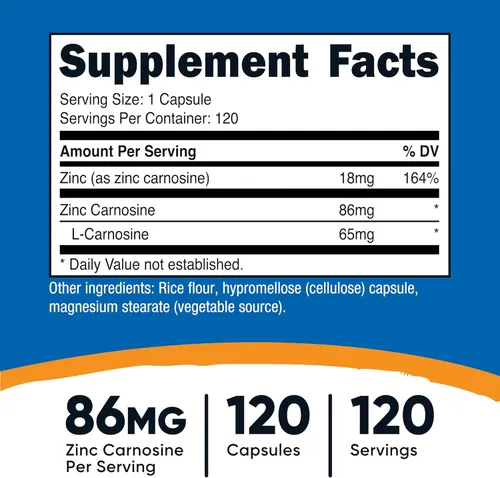 Vista 2 de Nutricost Zinc Carnosina 86 mg, 120 cápsulas - Sin OMG, sin gluten, suplemento de zinc L-Carnosina
