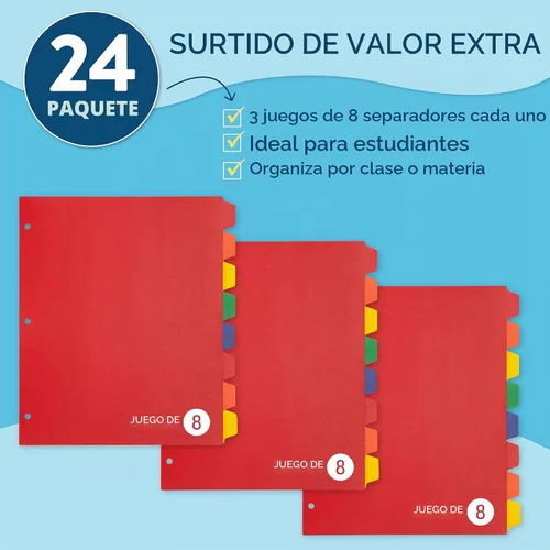 Vista 4 de Blue Summit Supplies Paquete de 24 separadores de plástico de 8 pestañas, separadores de plástico resistentes para carpetas de 3 anillos con 3