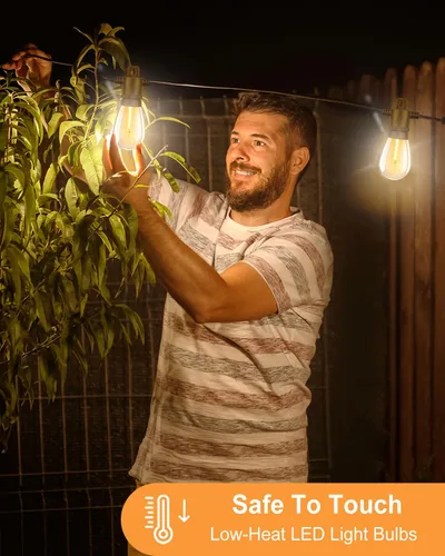 Vista 5 de Guirnalda de luces para exteriores, tira de luces de patio de 50 pies con 27 bombillas LED S14 vintage impermeables e inastillables, cadena de luces