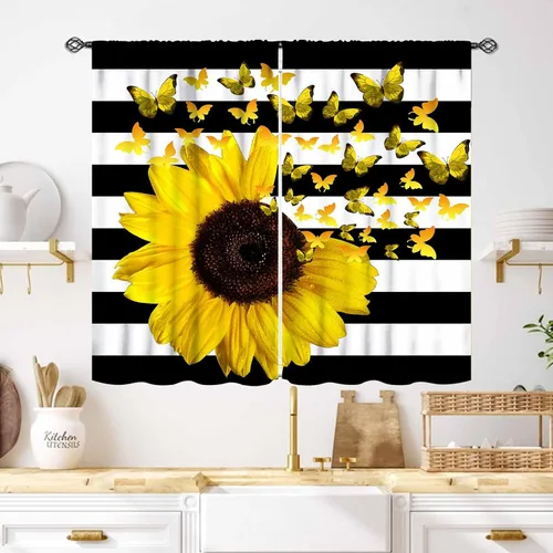 Vista 33 de Cortinas rústicas de cocina de girasol, tablón de madera de campo de campo amarillo, floral, abeja, libélula mariposa, retro, casa rural, Girasol-11