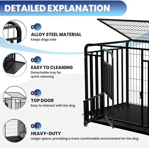 Vista 3 de 42'' Dog Kennel Heavy Duty Indoor Easy to Clean, 4 Lockable Wheels Extra Large Dog Crate with Removable Tray, Large Dog Crate Escape-Proof for