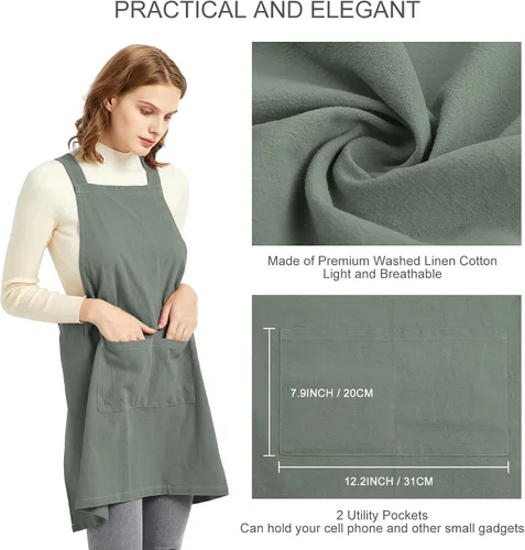 Vista 4 de ELEZAY Delantales para mujer con bolsillos, talla grande, cómodo, espalda cruzada, sin lazo, delantal de lino y algodón