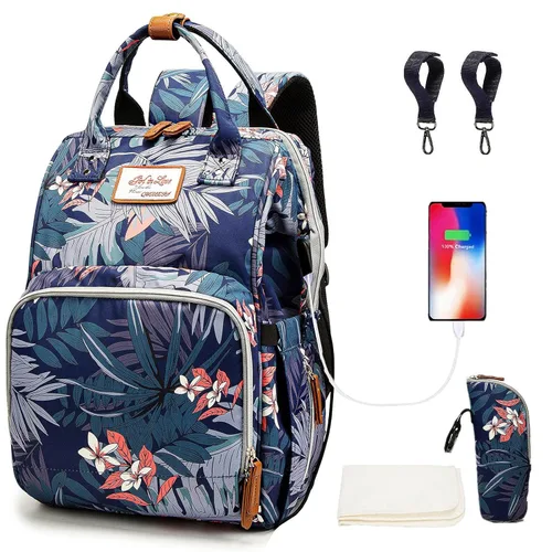 Vista 10 de Mochila para pañales para papá y mamá con puerto de carga USB, correas para cochecito y bolsillo aislado, mochila de viaje militar del ejército
