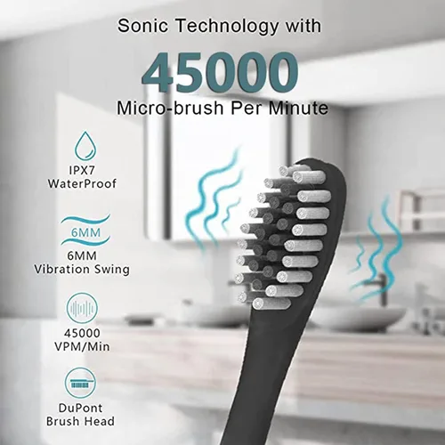 Vista 3 de Cepillo de dientes eléctrico Sonic Carga USB automática Temporizador inteligente de 6 velocidades IPX7 Impermeable Viaje con 8 cabezales Negro