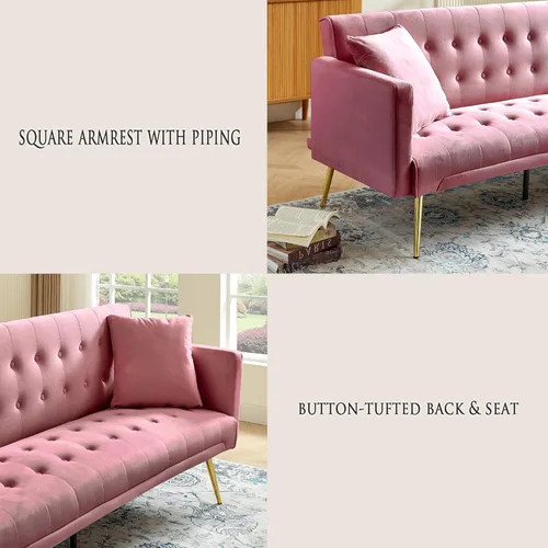 Vista 32 de Sofá cama moderno de terciopelo de 72 pulgadas, sofá cama plegable convertible con 3 respaldos ajustables, sofá biplaza reclinable copetudo