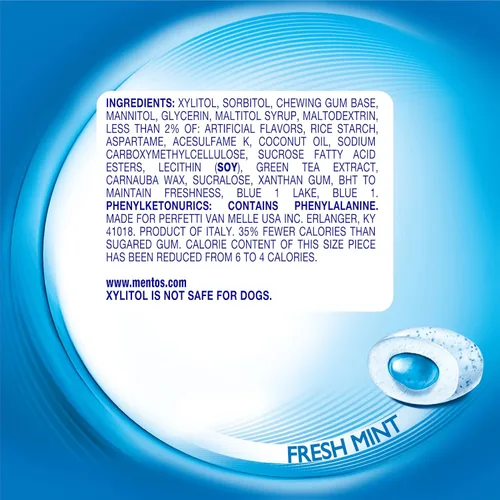 Vista 3 de Mentos Pure Fresh Goma de mascar sin azúcar, con xilitol, menta fresca (Fresh Mint), botella de 80 unidades, botella reciclable de 90% cartón, 80