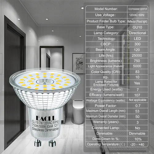 Vista 5 de EACLL MR16 GU10 LED Bulb Dimmable, 5000K Daylight, 7W Equivalent 75W, 25,000 Hours Lifetime, Energy Efficient Light, 750 Lumens 120 Degree Flood