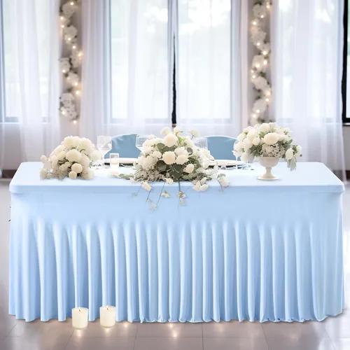 Vista 5 de Wish Care Paquete de 2 manteles de elastano elástico azul bebé para mesas rectangulares de 4 pies, manteles ajustables sin arrugas de 4 pies