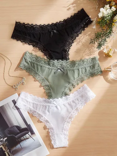 Vista 5 de SOLY HUX Tangas sexis de 3 piezas para mujer, con malla de encaje en contraste, con lazo frontal, ropa
