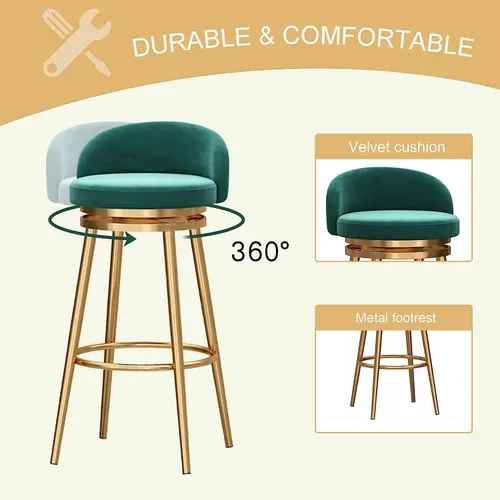 Vista 5 de Juego de taburetes de bar giratorios Verdes modernos con respaldo y reposapiés, sillas de cocina ajustables para comedor en isla.