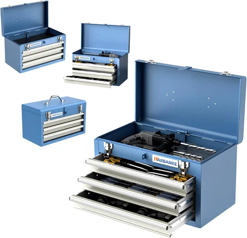 LARBANKE Caja de herramientas de metal, caja de herramientas de 3 cajones con bandeja de almacenamiento superior, caja de herramientas portátil con