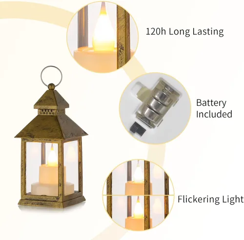 Vista 5 de Romadedi Mini faroles decorativos para centro de mesa, 10 faroles pequeños colgantes dorados a granel con velas LED parpadeantes para decoración