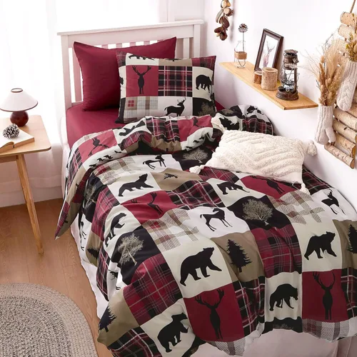 Vista 14 de Wake In Cloud - Juego de funda de edredón rústica, cabaña de Navidad, casa de campo, oso de campo occidental, ciervos, vacaciones, caravana, tema