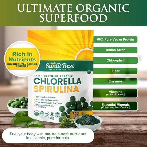 Vista 2 de Sunlit Best Chlorella Spirulina Tablets – Organic USDA, Premium Spirulinas y Chlorella Cápsulas 500 píldoras – Chlorellas Natural Superalimento