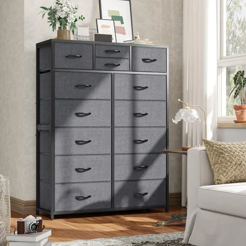 Vista 7 de EnHomee Cómodas altas para dormitorio con cajones, cómoda de tela negra para dormitorio, cómoda para sala de estar, pasillo, entrada, parte superior