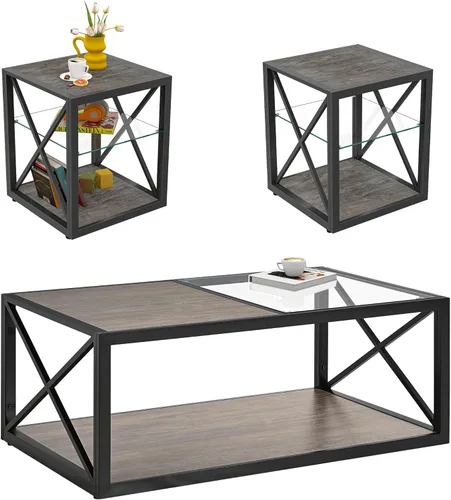 Vista 12 de Mesa de centro de cristal Mordern con marco de metal negro, mesa rectangular ocasional para el hogar, tapa de vidrio templado y estantes