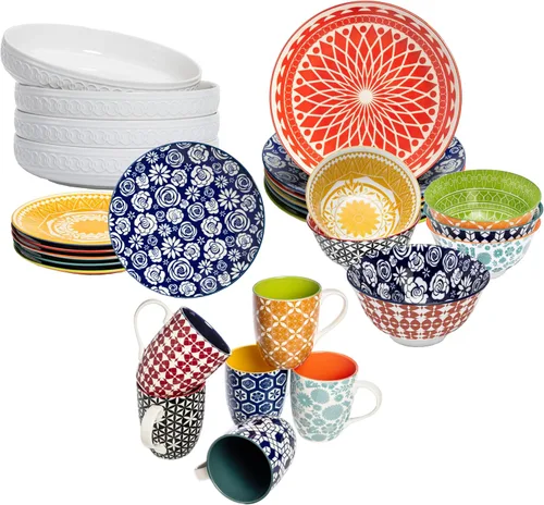 Annovero Cereal y Blates blancos, platos de cena y ensalada, tazas de 16 onzas | Vajilla de porcelana linda y colorida para cocina | Apto para