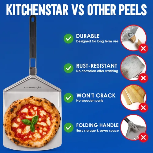 Vista 5 de KitchenStar Pala de pizza de metal de 12 pulgadas con mango plegable, paleta de espátula de acero inoxidable para transferencia de pizza sin